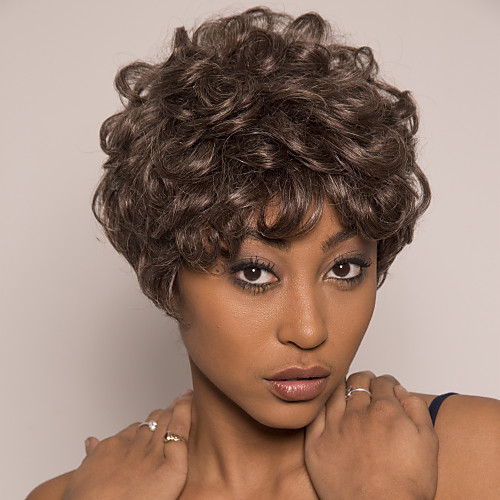 

Remy Human Hair Wig Short Loose Curl Pixie Cut Asymmetrical Brown Easy to Carry Women Adorable Capless Brazilian Hair Burmese Hair Women's Medium Brown#4 12 inch