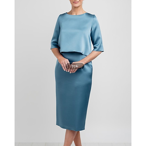 

Two Piece Sheath / Column Mother of the Bride Dress Elegant Jewel Neck Tea Length Satin 3/4 Length Sleeve with Split Front 2021