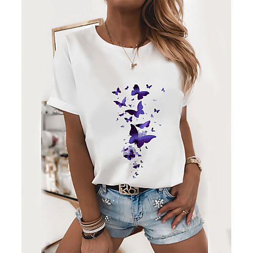 

Women's T-shirt Butterfly Graphic Prints Round Neck Tops Slim 100% Cotton Basic Top White