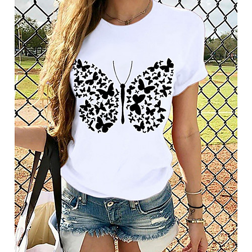 

Women's T-shirt Butterfly Graphic Prints Round Neck Tops Slim 100% Cotton Basic Top White