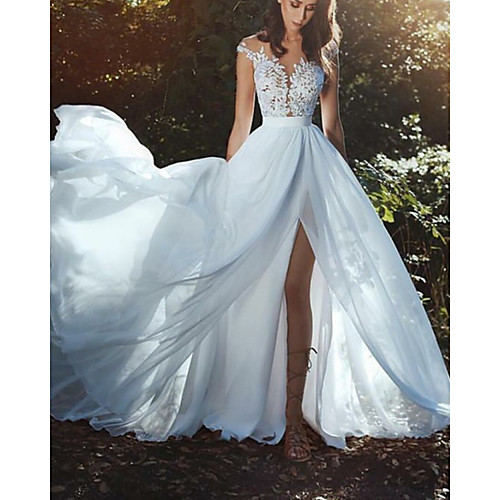 

A-Line Wedding Dresses V Neck Court Train Chiffon Lace Sleeveless Country Beach Sexy with Lace Insert Split Front 2021