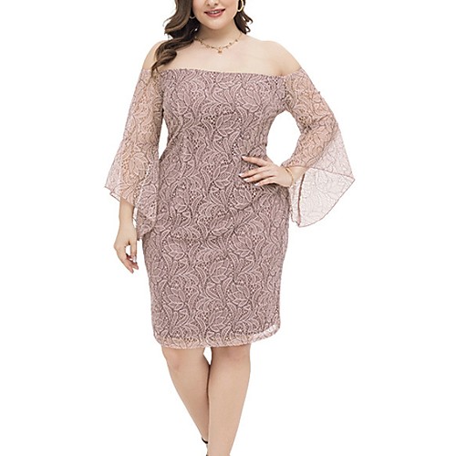 

Women's Shift Dress Knee Length Dress Blushing Pink Long Sleeve Solid Color Summer Off Shoulder Casual 2021 XL XXL 3XL 4XL / Plus Size