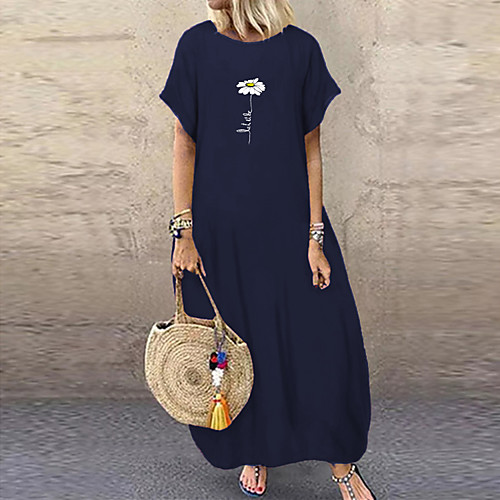 

Women's Shift Dress Maxi long Dress Black Navy Blue Light Blue Short Sleeve Floral Print Summer Round Neck Hot Casual Lantern Sleeve 2021 L XL XXL 3XL 4XL 5XL