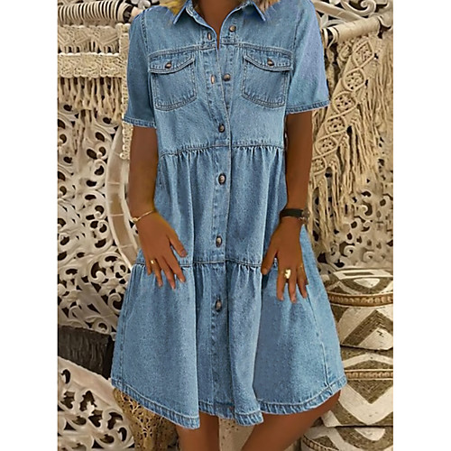 

Women's Denim Shirt Dress Knee Length Dress - Short Sleeve Square Pocket Summer Shirt Collar Casual 100% Cotton 2020 Blue S M L XL XXL XXXL