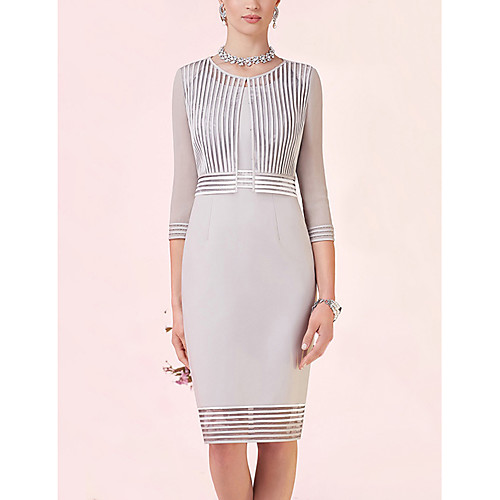 

Two Piece Sheath / Column Mother of the Bride Dress Elegant Jewel Neck Knee Length Satin 3/4 Length Sleeve with Pleats 2021