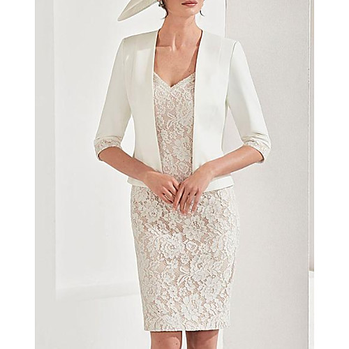 

Two Piece Sheath / Column Mother of the Bride Dress Elegant V Neck Knee Length Lace Satin 3/4 Length Sleeve with Appliques 2021