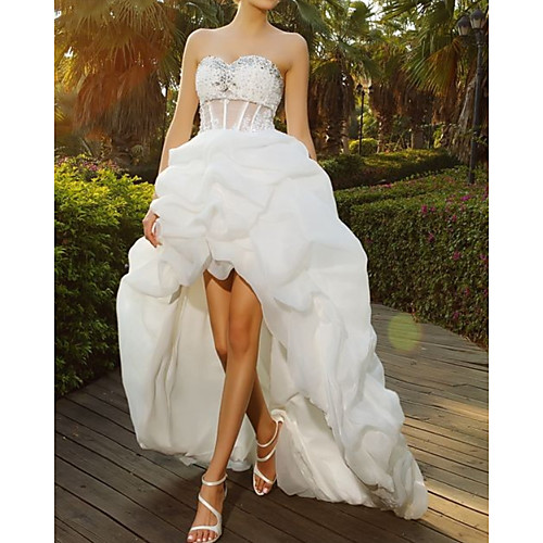 

A-Line Wedding Dresses Strapless Asymmetrical Organza Sleeveless Country with Beading Cascading Ruffles 2021