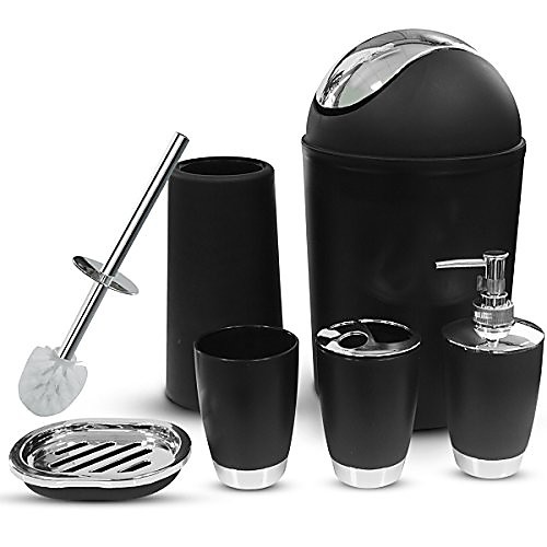 

bathroom accessories set 6 pieces plastic bathroom accessories toothbrush holder, rinse cup, soap dish, hand sanitizer bottle, waste bin, toilet brush with holder (purple)