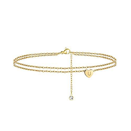 

layered heart ankle bracelets for women, 14k gold filled initial anklets for women ankle bracelet alphabet with extension anklet with initials u