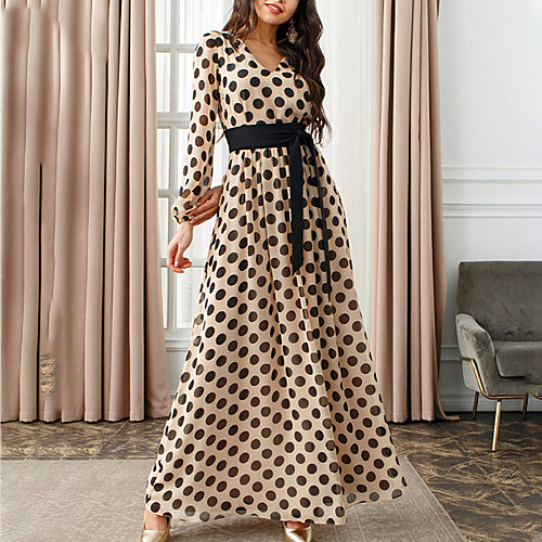 

Women's A Line Dress Maxi long Dress Khaki Brown Long Sleeve Polka Dot Patchwork Fall V Neck Hot Sexy 2021 S M L XL XXL