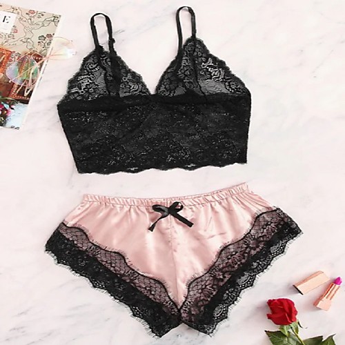 

Women's Lace Bow Mesh Suits Nightwear Patchwork Embroidered Black / Purple / Blushing Pink S M L