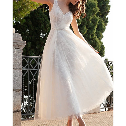 

A-Line Wedding Dresses V Neck Ankle Length Tulle Sleeveless Vintage 1950s with 2021