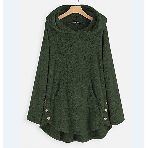 

women fleece asymmetrical button hoodie hem plus size pullover top sweater blouse coat coffee