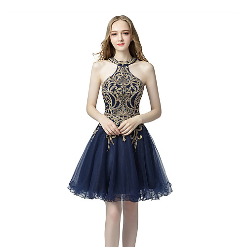 

A-Line Flirty Sexy Cocktail Party Prom Dress Halter Neck Sleeveless Short / Mini Tulle with Crystals Appliques 2021