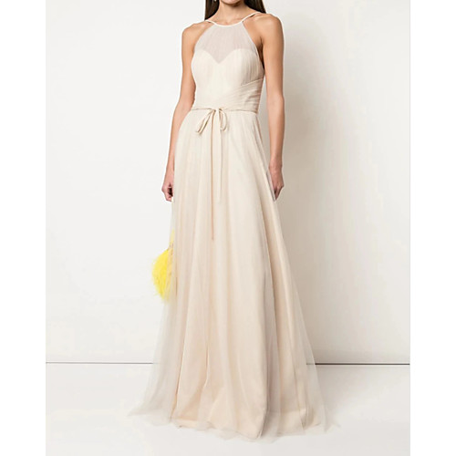 

A-Line Halter Neck Floor Length Chiffon Bridesmaid Dress with Sash / Ribbon / Pleats