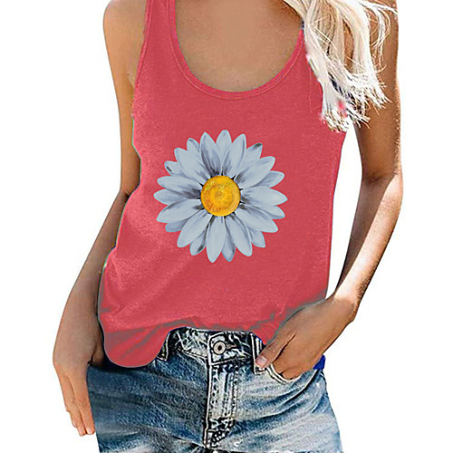 

Women's Tank Top Floral Solid Colored Flower Print Round Neck Tops Loose Cotton Basic Basic Top Blue Purple Red