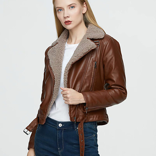 

Women's Solid Colored Patchwork Basic Fall & Winter Faux Leather Jacket Regular Daily Long Sleeve Faux Fur Coat Tops Black