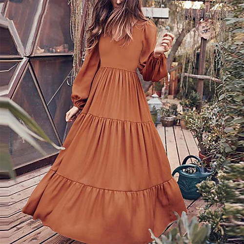 

Women's Swing Dress Maxi long Dress Black Green Brown Long Sleeve Solid Color Patchwork Fall Round Neck Hot Casual 2021 M L XL XXL 3XL 4XL 5XL