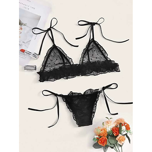 

Women's Mesh Lace Suits Nightwear Polka Dot Solid Colored Embroidered White / Black S M L / Strap
