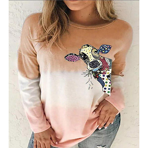 

Women's T shirt Striped Animal Long Sleeve Print Round Neck Tops Basic Basic Top Blue Khaki Green