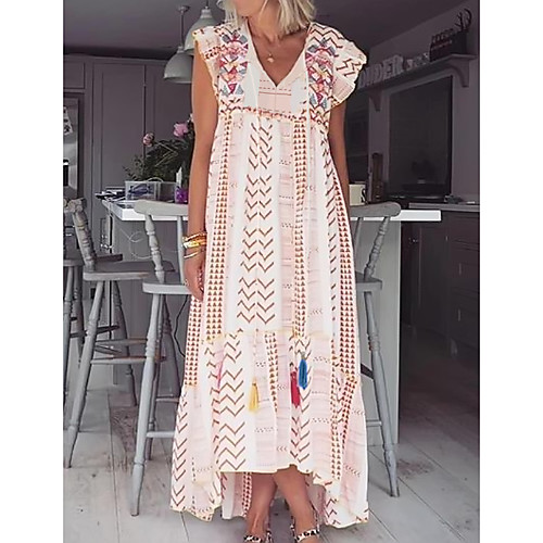 

Women's A Line Dress Maxi long Dress Blushing Pink Short Sleeve Print Summer V Neck Casual Chinoiserie 2021 S M L XL XXL