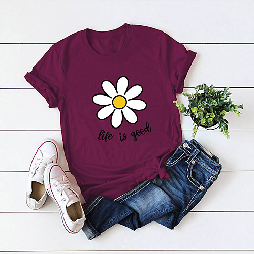 

Women's Blouse Shirt Floral Flower Letter Round Neck Tops 100% Cotton Basic Basic Top White Blue Yellow