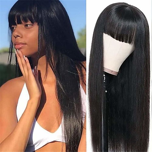

Remy Human Hair Wig Long Natural Straight With Bangs Natural Black Fashionable Design Party Natural Machine Made Capless Natural Black 18 inch