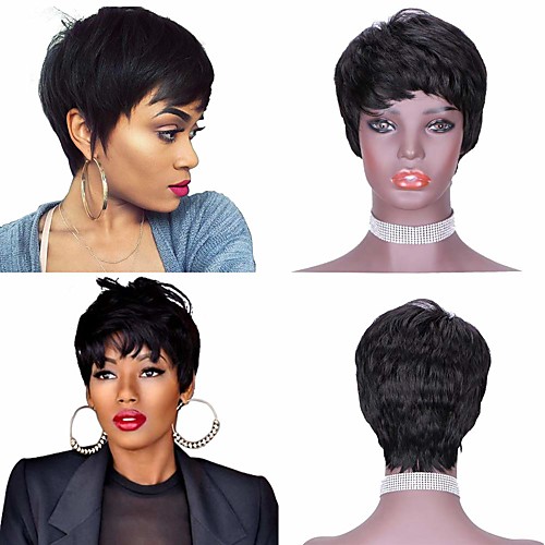 

Remy Human Hair Wig Short Natural Straight Pixie Cut With Bangs Natural Black Simple Party Hot Sale Capless Women's Natural Black 8 inch