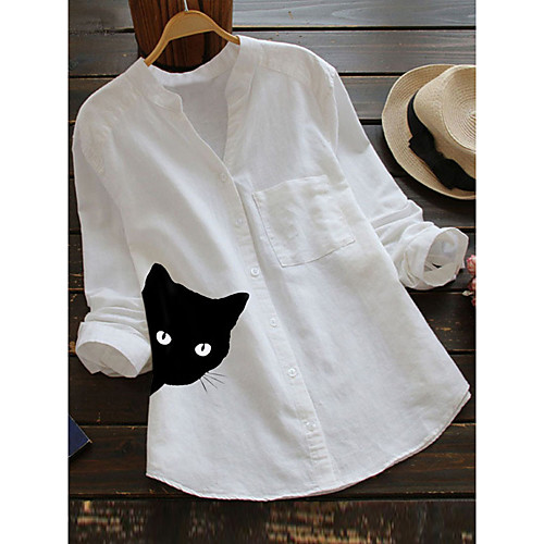 

Women's Blouse Shirt Cat Long Sleeve Print V Neck Tops Cotton Basic Basic Top White Red Yellow