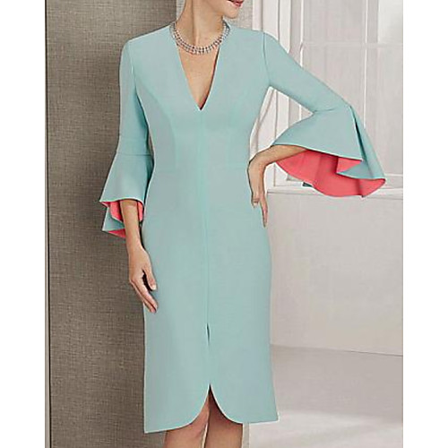 

Sheath / Column Mother of the Bride Dress Elegant V Neck Knee Length Polyester 3/4 Length Sleeve with Color Block 2021