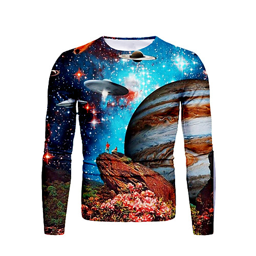 

Men's T shirt Galaxy Graphic Plus Size Print Long Sleeve Daily Tops Streetwear Rainbow