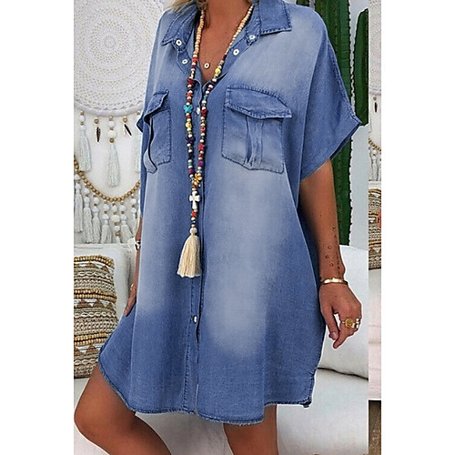 

Women's Denim Shirt Dress Knee Length Dress - Short Sleeve Summer V Neck Casual 100% Cotton 2020 Blue Dusty Blue Light Blue S M L XL XXL XXXL