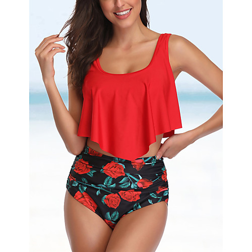 

Women's Bikini Swimsuit Ruffle Print Floral White Black Red Yellow Orange Swimwear Bathing Suits