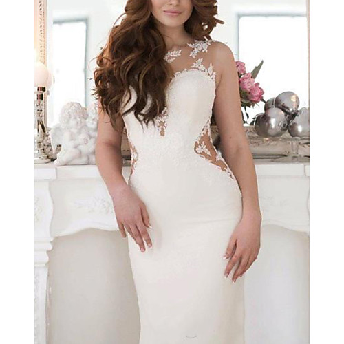 

Mermaid / Trumpet Wedding Dresses V Neck Court Train Lace Jersey Sleeveless Country with Bow(s) 2021