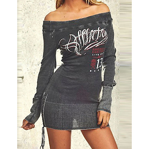 

Women's Sheath Dress Short Mini Dress Black Long Sleeve Letter Print Spring Off Shoulder Sexy 2021 M L XL XXL 3XL 4XL 5XL