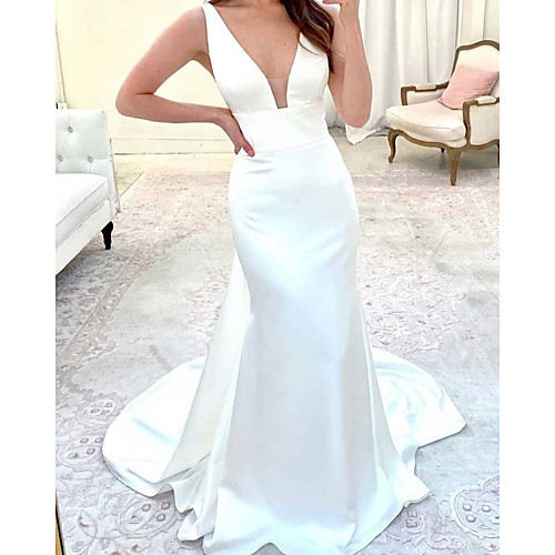 

Sheath / Column Wedding Dresses V Neck Sweep / Brush Train Satin Sleeveless Simple with 2021