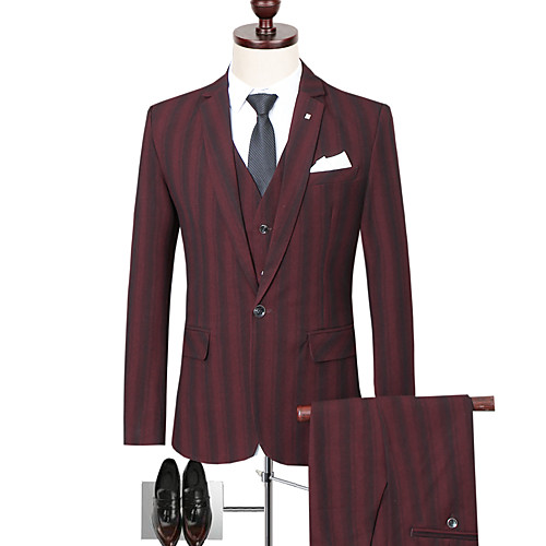 

Blue / Burgundy / Gray Striped Standard Fit Polyester Suit - Notch Single Breasted One-button