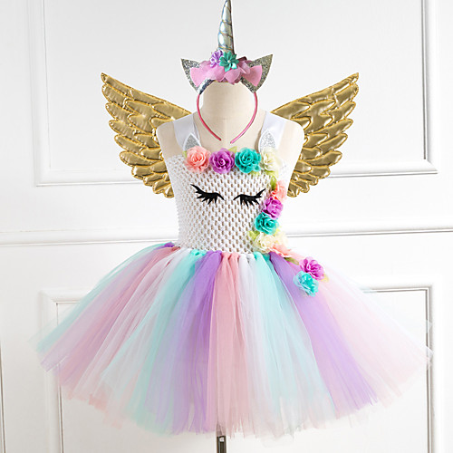 

Unicorn Dress Wings Costume Girls' Movie Cosplay Tutus Braided / Cord Vacation Dress Golden Silver Rainbow Dress Wings Headwear Christmas Halloween Carnival Polyester / Cotton Polyester