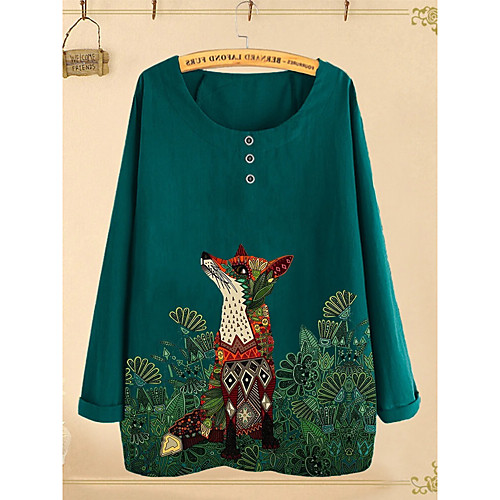 

Women's Blouse Shirt Fox Animal Long Sleeve Round Neck Tops Basic Top Blue Blushing Pink Green