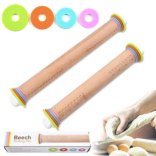 

Adjustable Wood Rolling Pin with Removable Rings Kitchen Baking Wooden Rolling Pin with Scaled Flour Pastry Flour Sticks Tools 2 Sizes