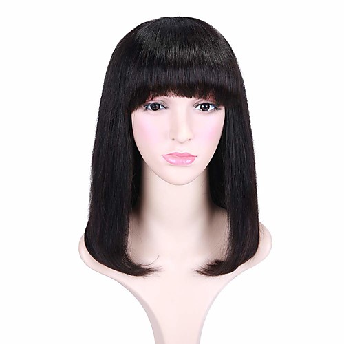 

Remy Human Hair Wig Medium Length Natural Straight Short Bob With Bangs Natural Black Fashionable Design Life Women Capless Women's Natural Black 14 inch
