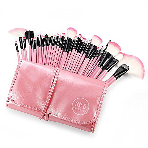 

makeup brush set,32 pc professional wooden handle makeup brushes set in pink case,foundation brush blending face powder blush concealers eye shadows make up brushes kit