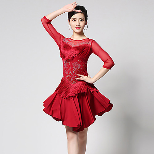 

Latin Dance Dress Tassel Pattern / Print Split Joint Women's Training Performance 3/4 Length Sleeve High Tulle Milk Fiber