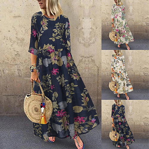 

Women's A-Line Dress Midi Dress - Short Sleeve Floral Print Summer Plus Size Casual Loose 2020 Red Yellow Navy Blue M L XL XXL XXXL XXXXL XXXXXL