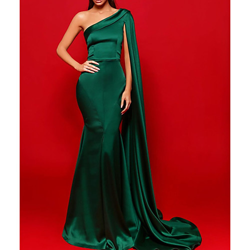 

Sheath / Column Beautiful Back Sexy Party Wear Formal Evening Dress One Shoulder Sleeveless Court Train Stretch Satin with Pleats 2021