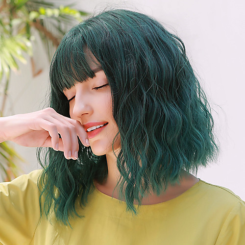 

Synthetic Wig Wavy Water Wave Side Part Neat Bang With Bangs Wig Medium Length Green Synthetic Hair 14 inch Women's Cosplay Party Adorable Green BLONDE UNICORN / African American Wig