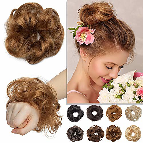 

real human hair scrunchie hair piece curly wavy rose bun elegant chignons messy updo for women kids wedding donut ponytails hairpiece light brown