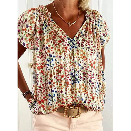 

Women's T shirt Floral Flower V Neck Tops Beach Basic Top Rainbow