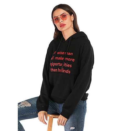 

Women's Hoodie Pullover Black Artistic Style Hoodie Cute Letter Printed Sport Athleisure Hoodie Top Long Sleeve Warm Soft Oversized Comfortable Everyday Use Causal Exercising General Use / Winter
