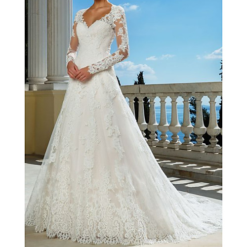 

A-Line Wedding Dresses V Neck Sweep / Brush Train Lace Long Sleeve Beach with 2021